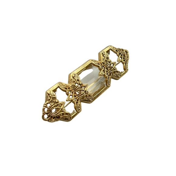 Vintage Intricate Gold Filigree Bar Pin Clear Acrylic Stones Classic Jewelry - Picture 1 of 8